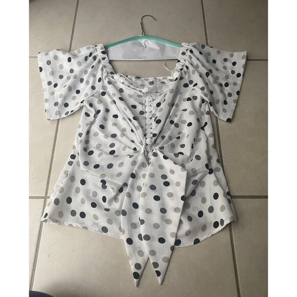 Lulumari Tops - 3/$15 SALE -Lulumari Women’s Sz L White Polka Dot Lace Trim Tie Front Blouse Top